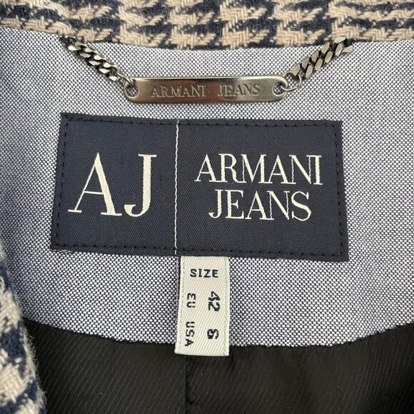 Armani Jeans 3 Button Houndstooth Lined Wool Poly Blend Blazer Navy Cream Sz 6 - Picture 10 of 15